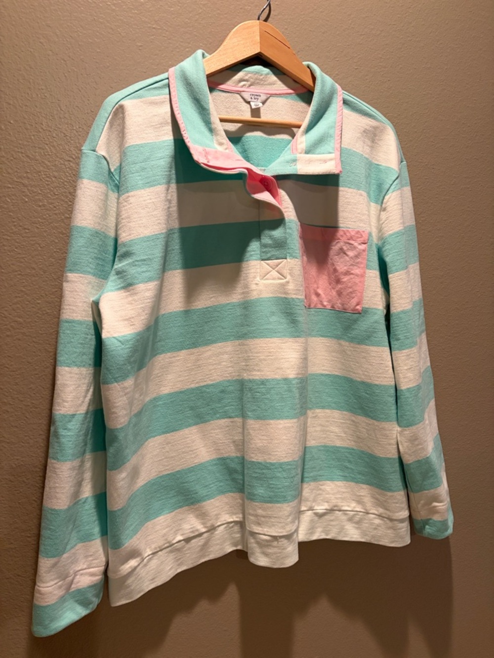 Crown & Ivy 2X Rugby Polo Sweater Mint Striped Terry Cotton Plus Size Top